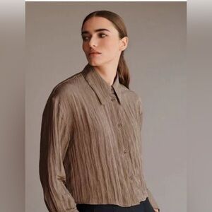 CHICO’S DESIGN Sz 3 Silk Linen Blend Roll Sleeve Tabs Cropped  Button Up Blouse